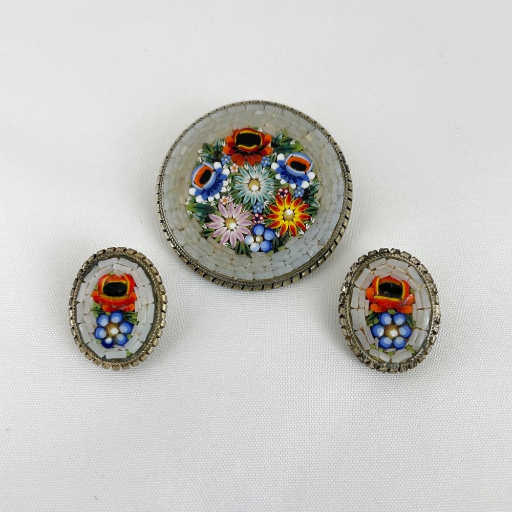 Micro Mosaic Floral Brooch Pin and Clip Earrings MM7